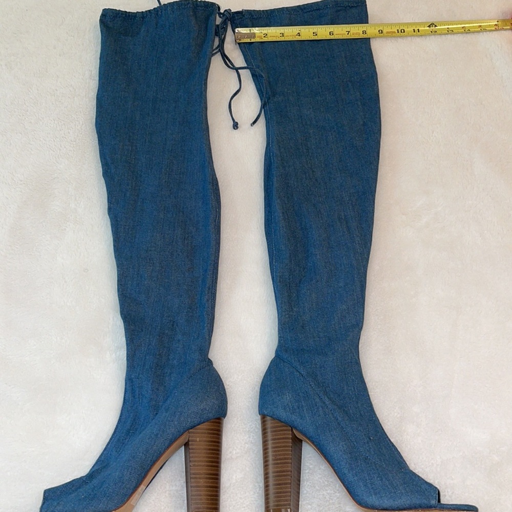 Olivia Ingram Women’s Open Toe Over-The-Knee Denim 4” Boot-Size 8 - Picture 3 of 9